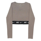 NIKE Womens Beige Crop T-Shirt S Long Sleeve Crew Neck Logo Band