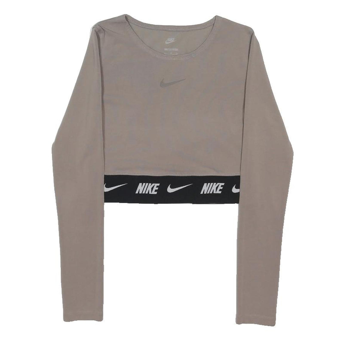 NIKE Womens Beige Crop T-Shirt S Long Sleeve Crew Neck Logo Band