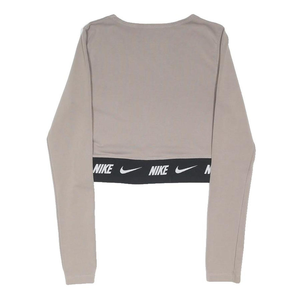 NIKE Womens Beige Crop T-Shirt S Long Sleeve Crew Neck Logo Band