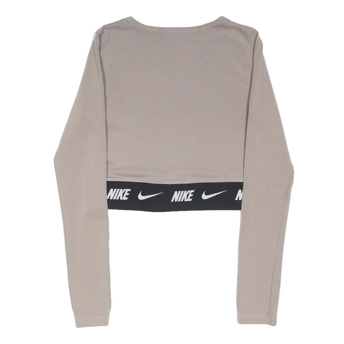 NIKE Womens Beige Crop T-Shirt S Long Sleeve Crew Neck Logo Band