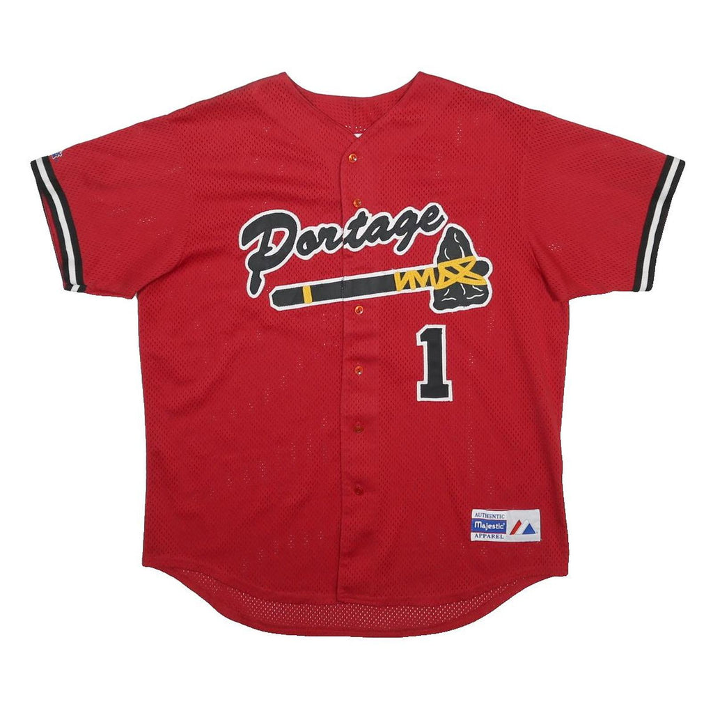 MAJESTIC Mens Red Portage Graphic Jersey L Short Sleeve V-Neck Baseball Style