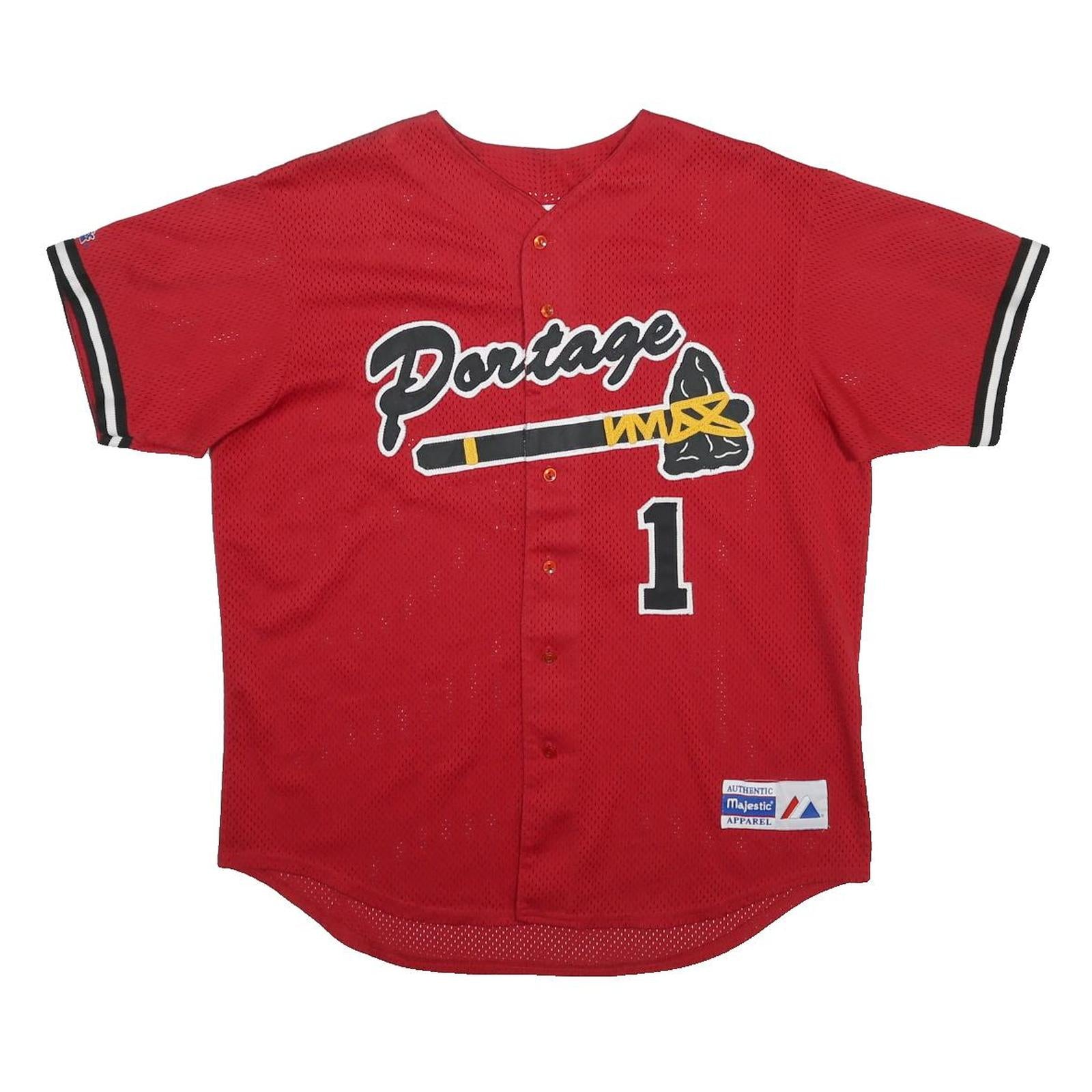 MAJESTIC Mens Red Portage Graphic Jersey L Short Sleeve V-Neck Baseball Style