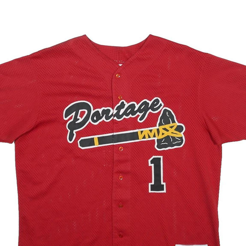 MAJESTIC Mens Red Portage Graphic Jersey L Short Sleeve V-Neck Baseball Style