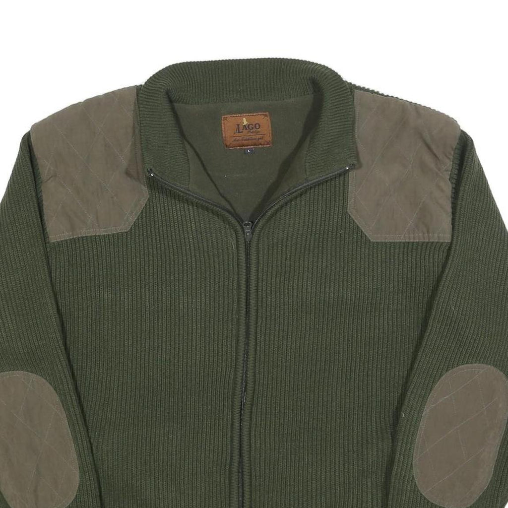 LAGO Mens Green & Brown Zip Up Knitted Jacket L Polyester Blend Quilted Patches