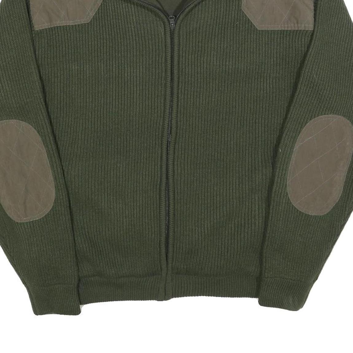 LAGO Mens Green & Brown Zip Up Knitted Jacket L Polyester Blend Quilted Patches