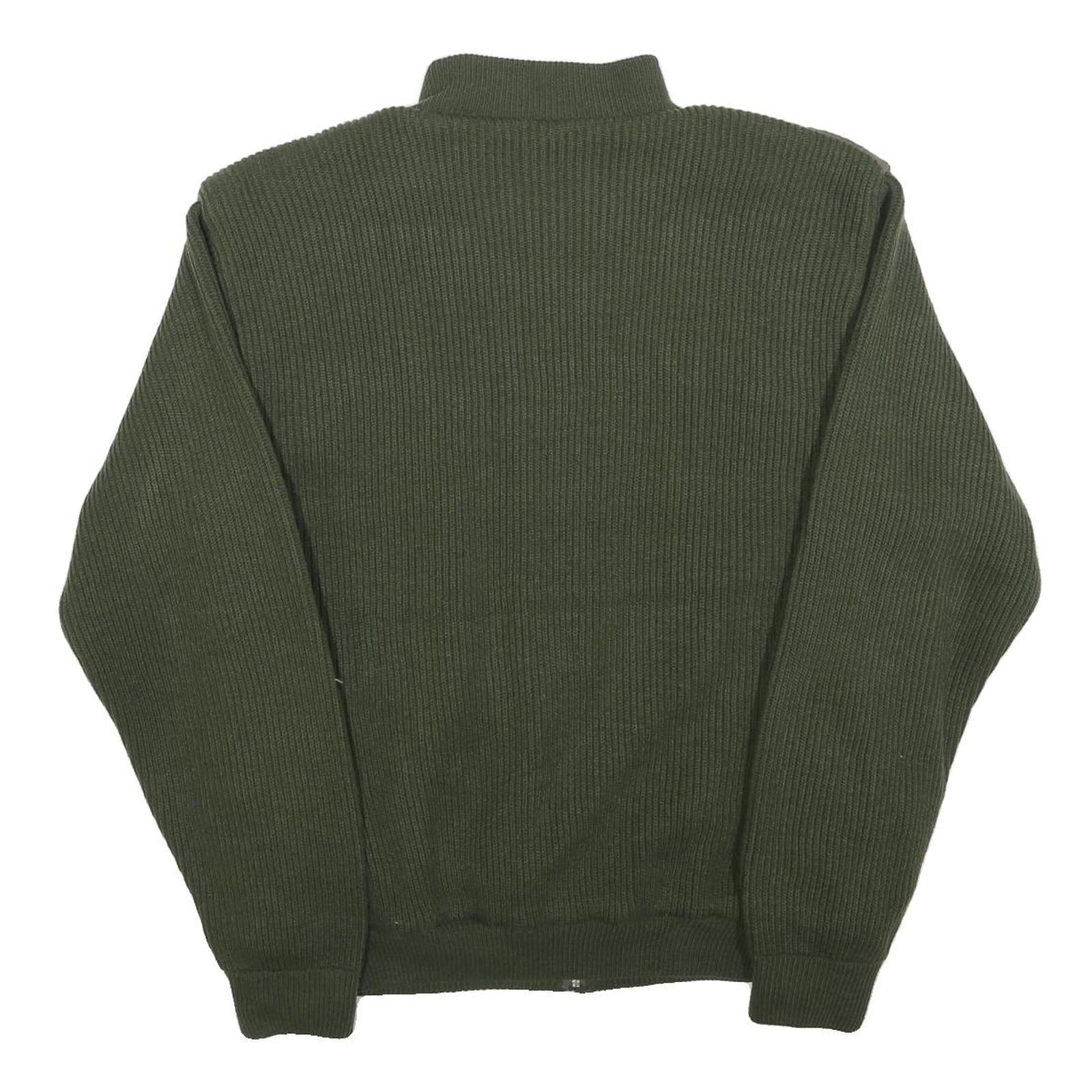 LAGO Mens Green & Brown Zip Up Knitted Jacket L Polyester Blend Quilted Patches