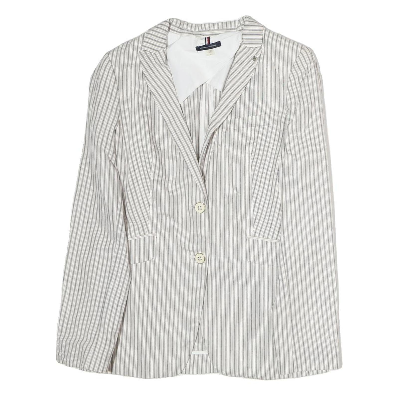 TOMMY HILFIGER Womens White & Grey Stripe Blazer Cotton Jacket M Tailored