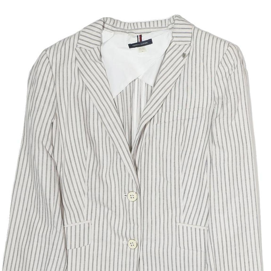 TOMMY HILFIGER Womens White & Grey Stripe Blazer Cotton Jacket M Tailored