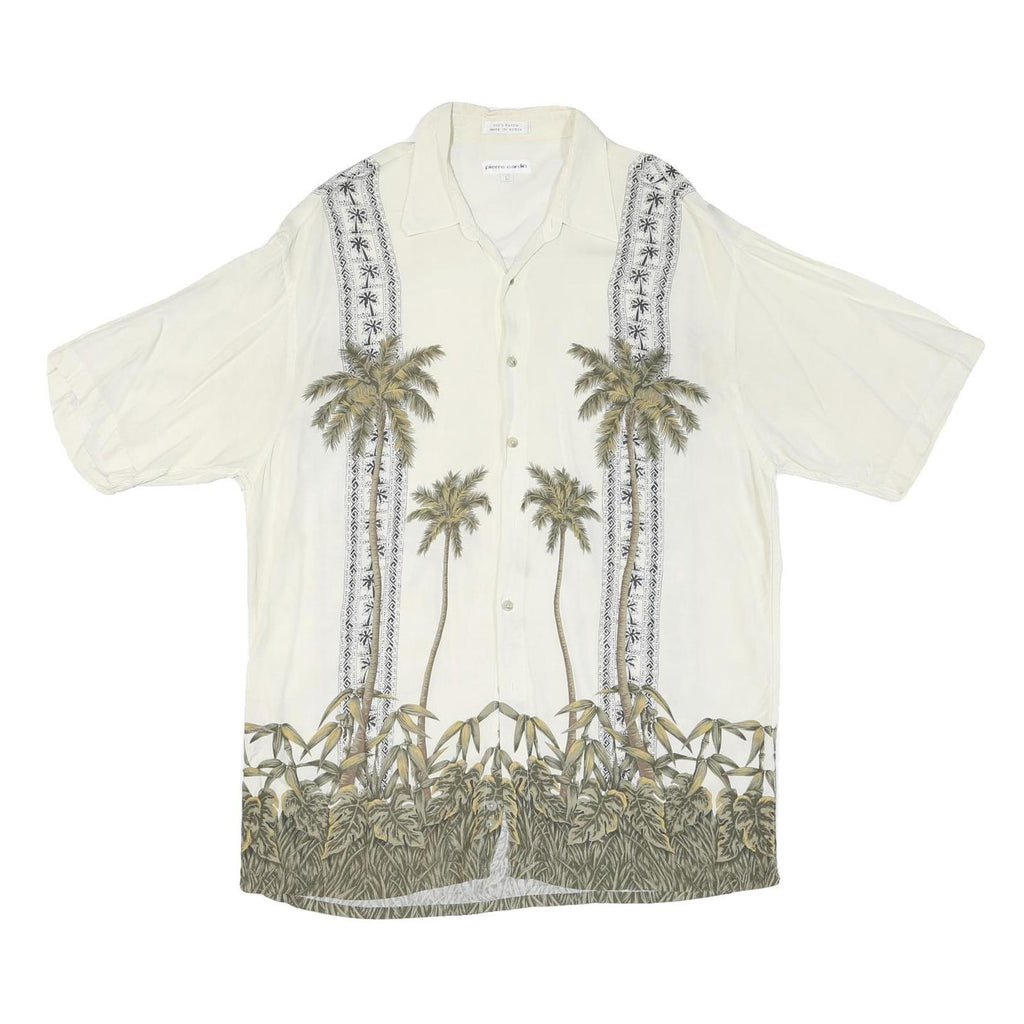 PIERRE CARDIN Mens Cream Rayon Short Sleeve Shirt L Palm Tree Print Tropical