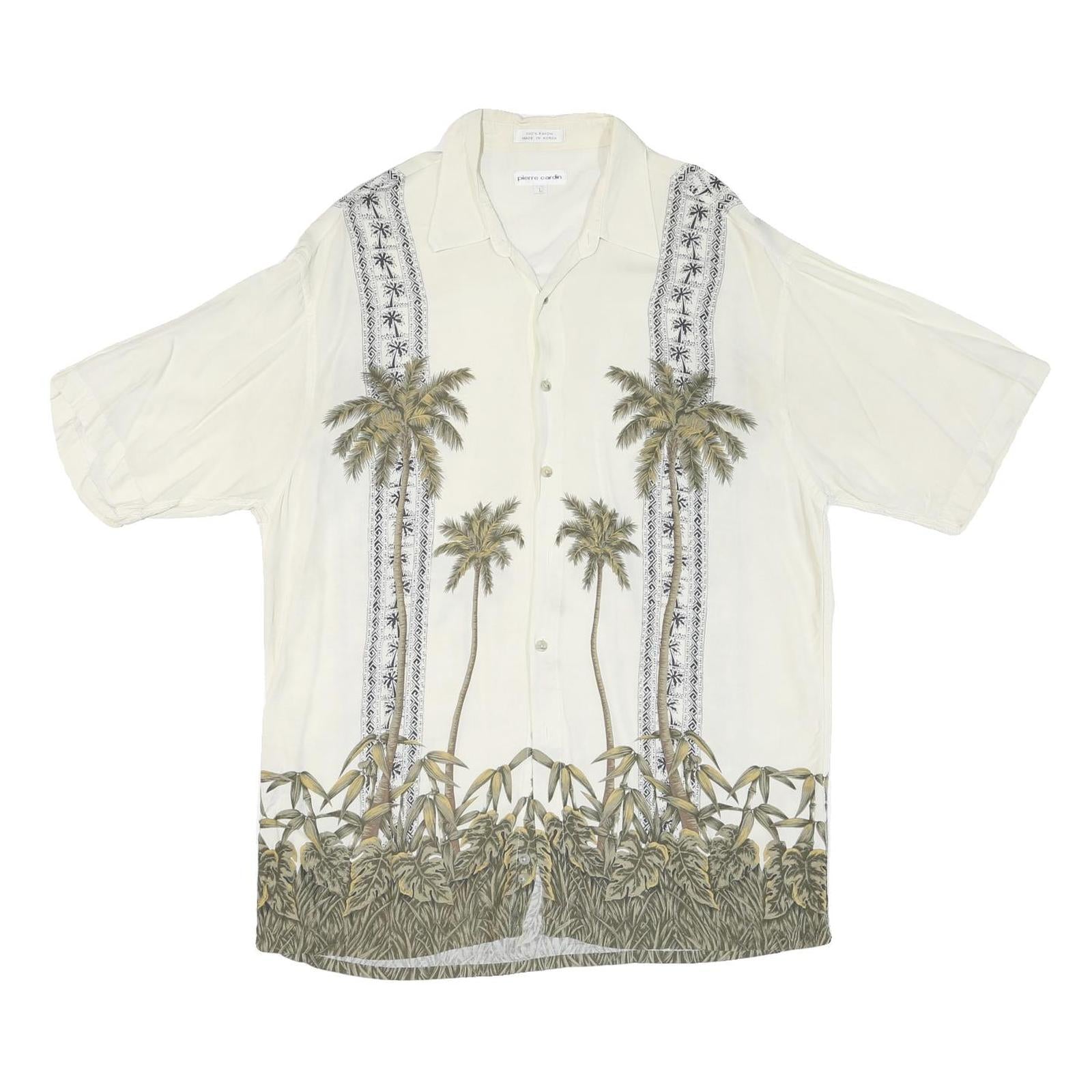 PIERRE CARDIN Mens Cream Rayon Short Sleeve Shirt L Palm Tree Print Tropical