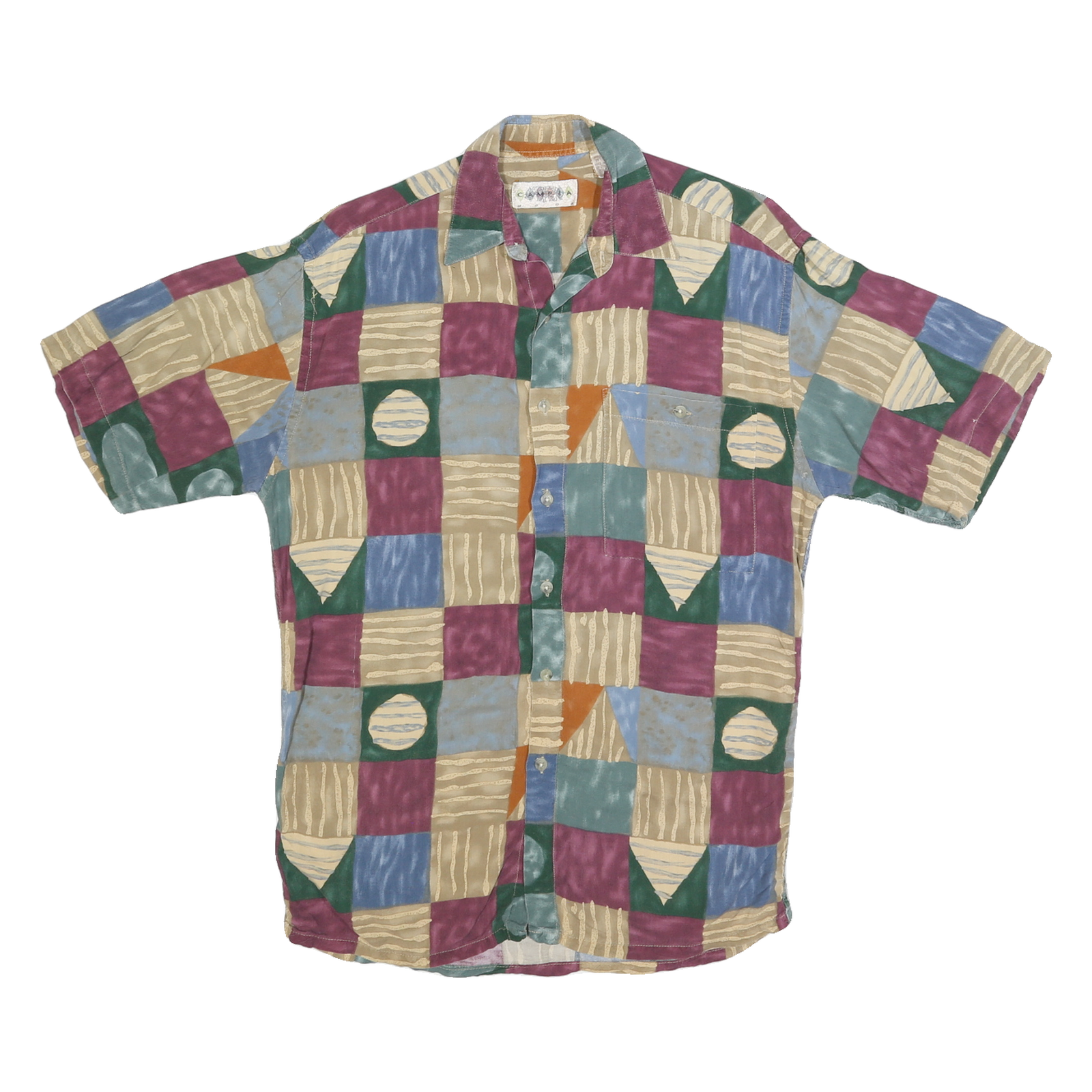 CAMPIA Mens Beige Green Purple Rayon S Geometric Pattern Short Sleeve Shirt