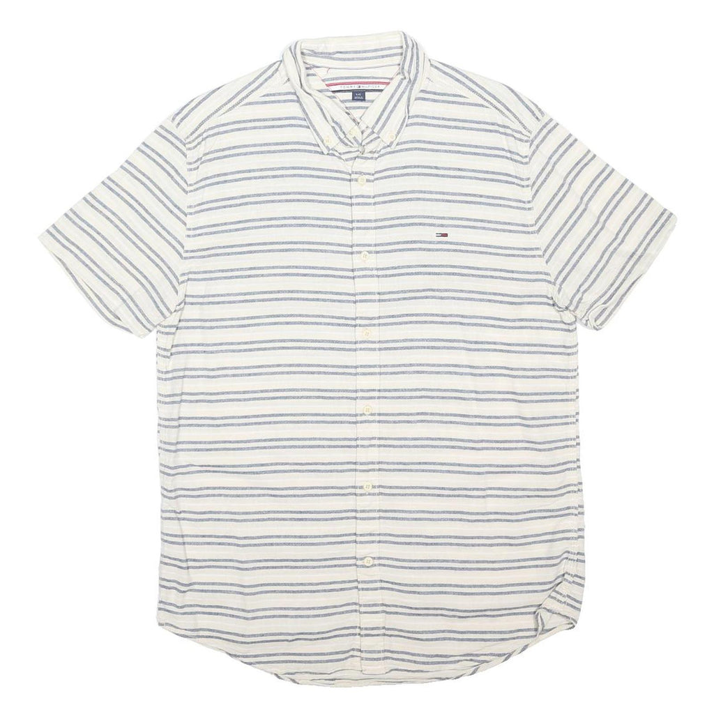 TOMMY HILFIGER Mens White & Blue Striped Shirt L Cotton Blend Button Down Casual