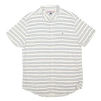 TOMMY HILFIGER Mens White & Blue Striped Shirt L Cotton Blend Button Down Casual
