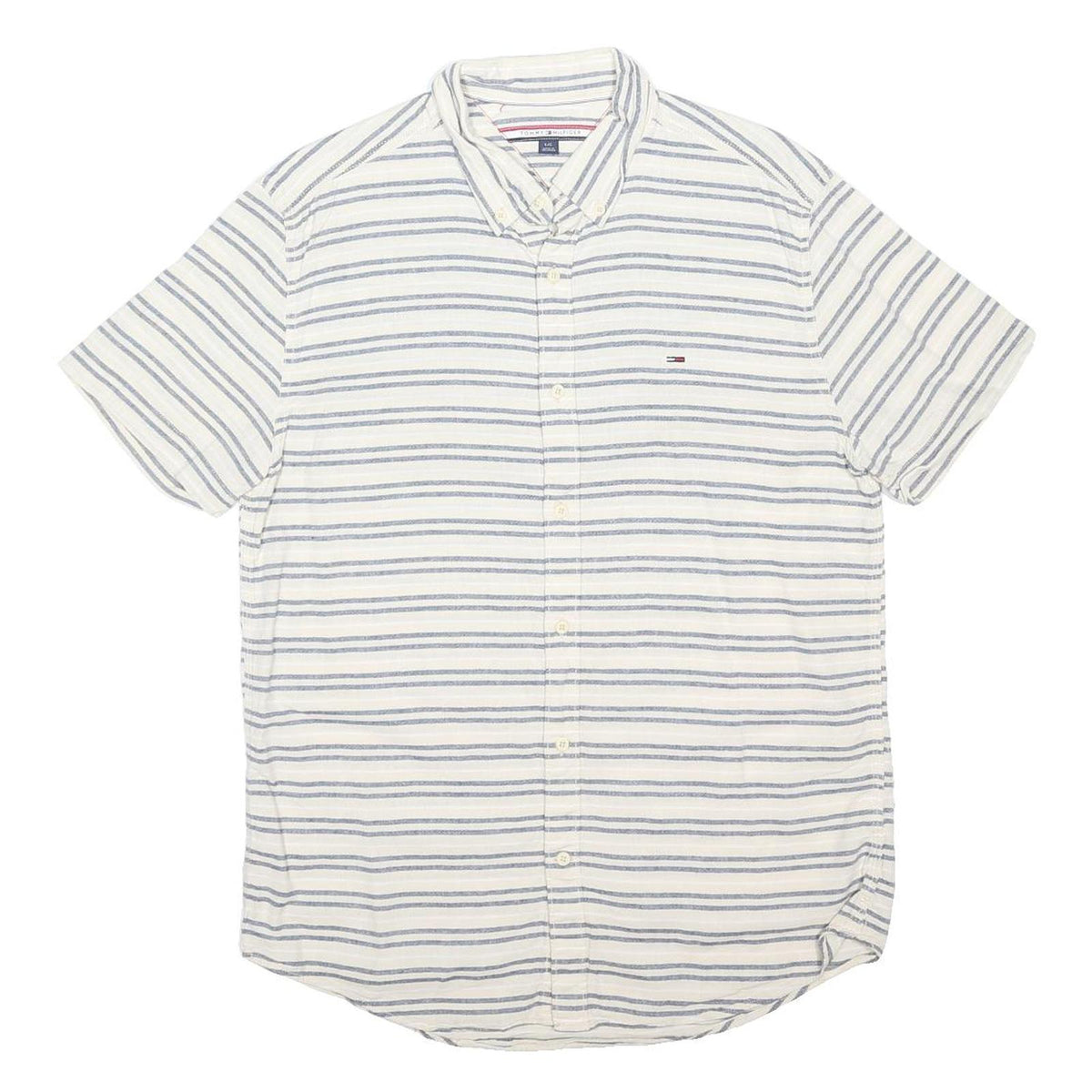 TOMMY HILFIGER Mens White & Blue Striped Shirt L Cotton Blend Button Down Casual