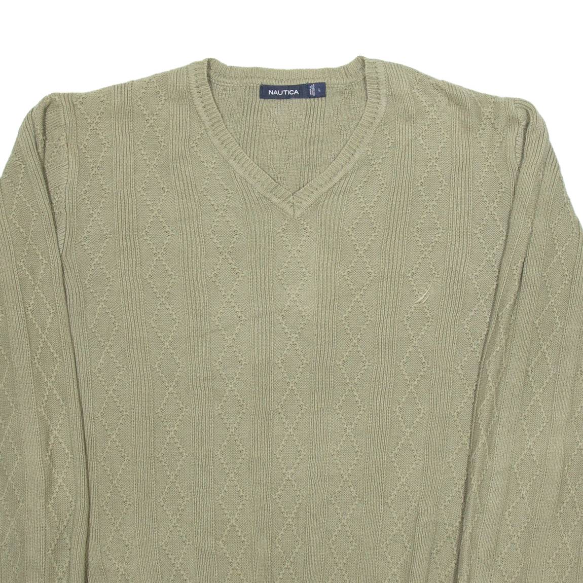NAUTICA Mens Jumper Green Diamond V-Neck Tight Knit L