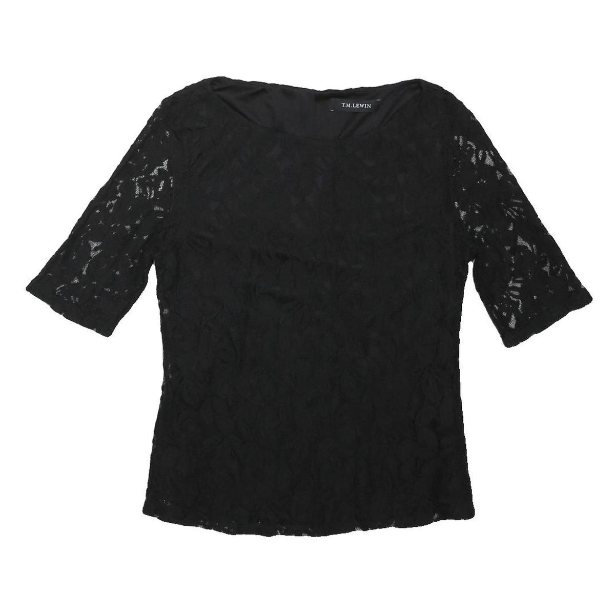 T.M. LEWIN Womens Black Lace Top 3/4 Sleeve Round Neck UK 12 Elegant Detail