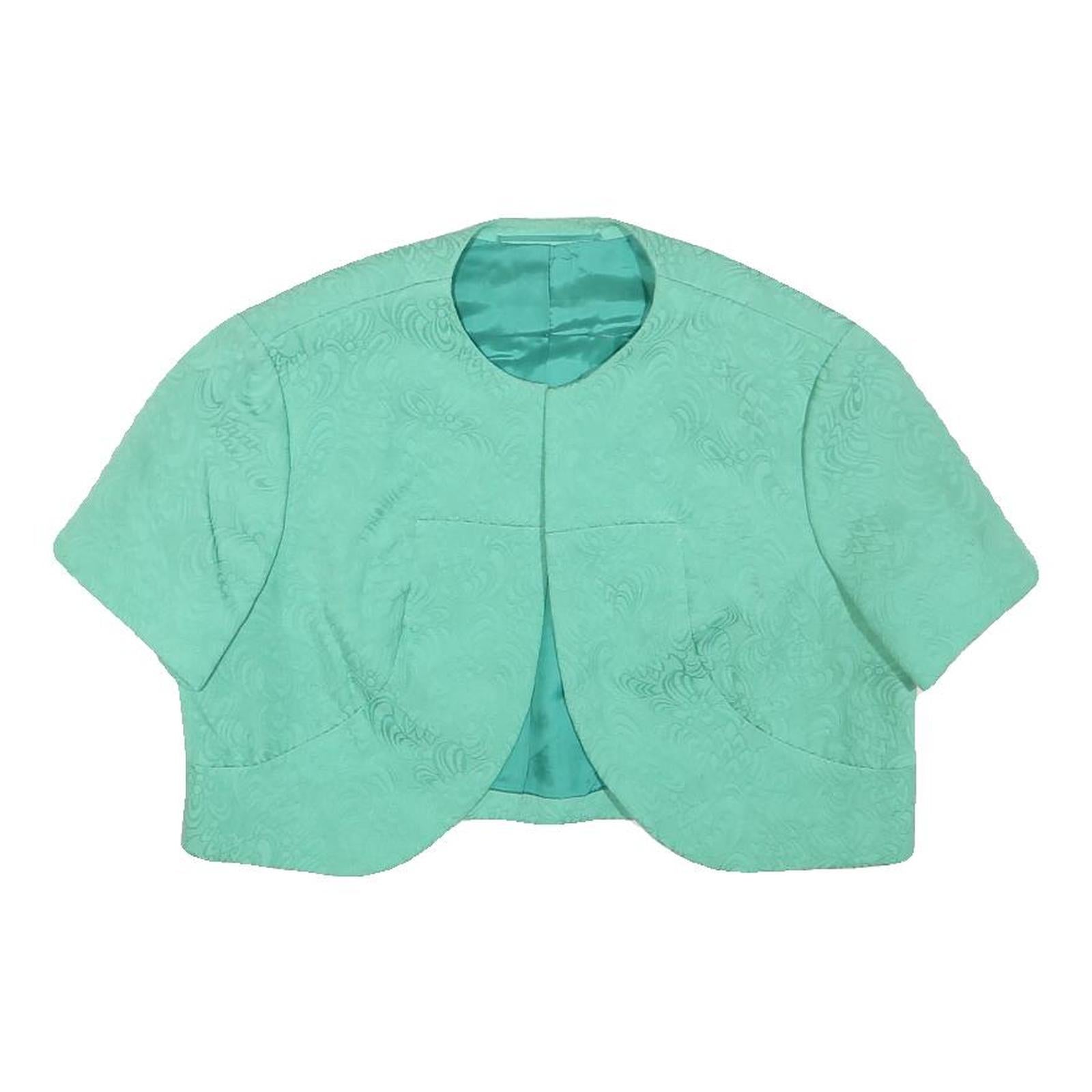 Womens Blue Polyester Blend Short Sleeve Crop Jacket XXS Jacquard Pattern