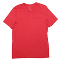 TOMMY HILFIGER Mens Red V-Neck T-Shirt L Cotton Blend Classic Fit Logo