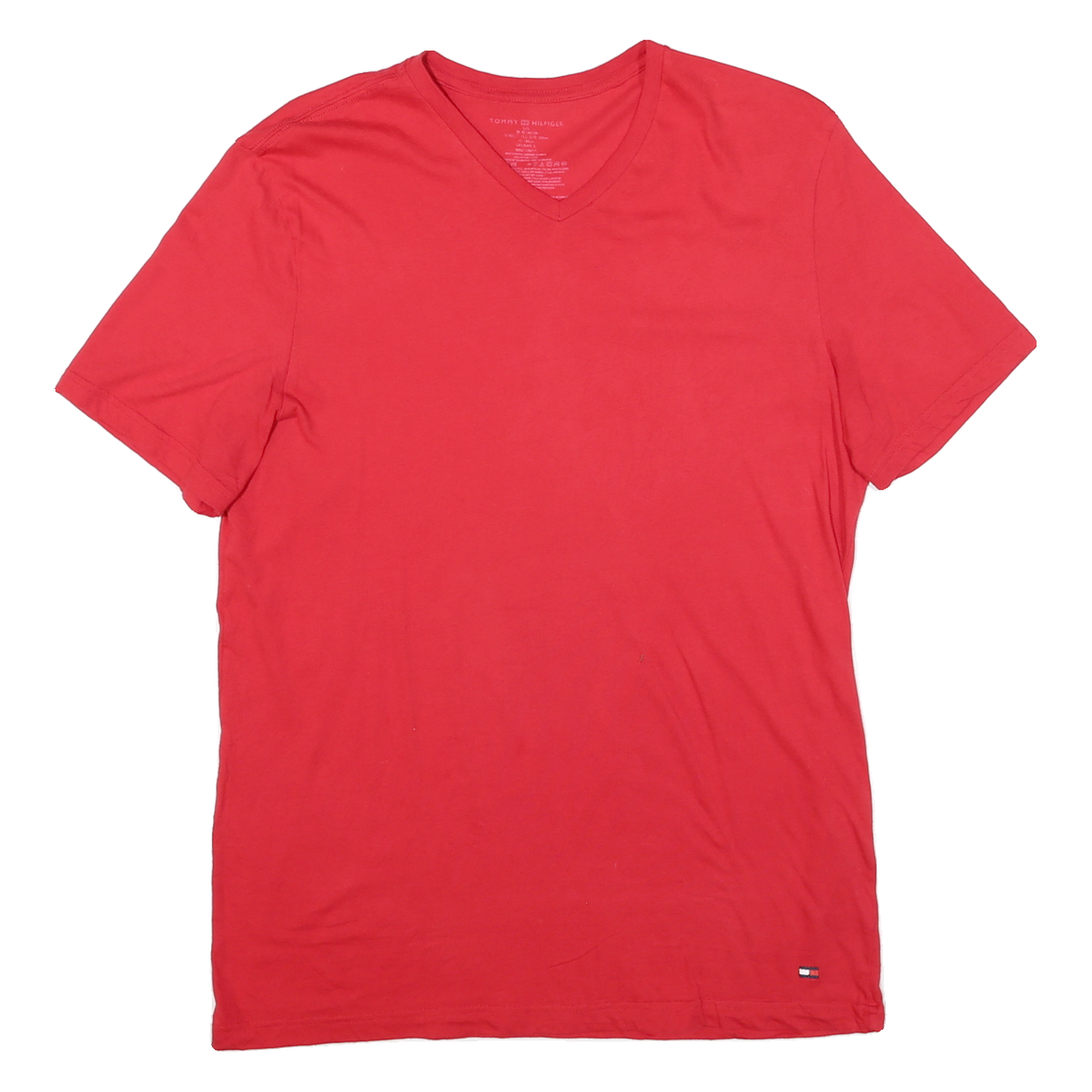 TOMMY HILFIGER Mens Red V-Neck T-Shirt L Cotton Blend Classic Fit Logo