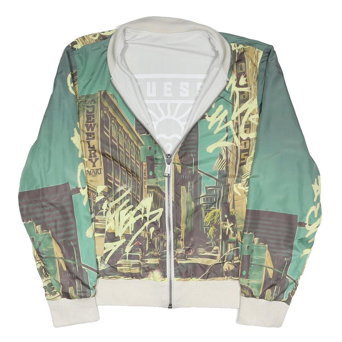GUESS Mens Green Polyester Reversible Zip Jacket M Urban Print Casual Outerwear