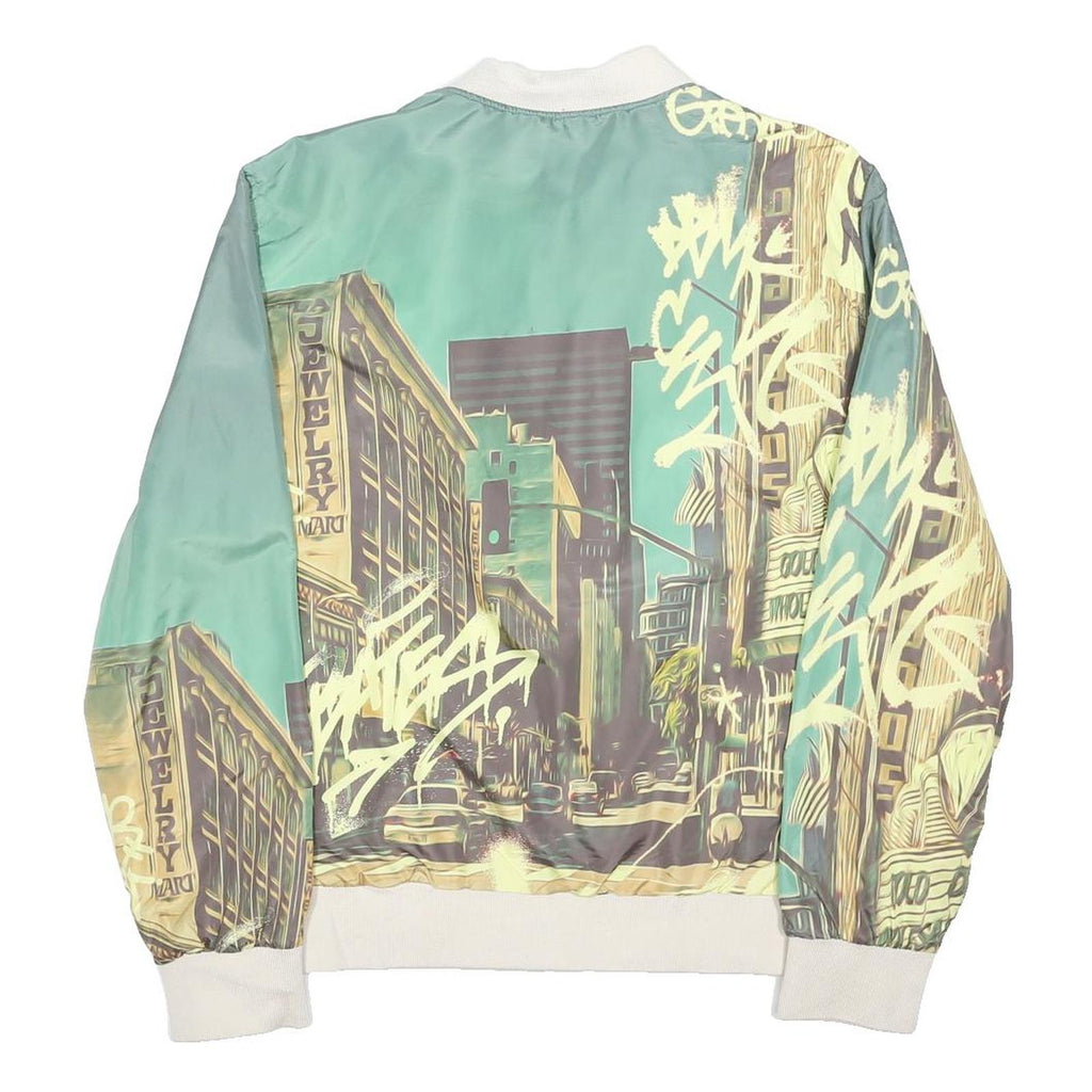 GUESS Mens Green Polyester Reversible Zip Jacket M Urban Print Casual Outerwear