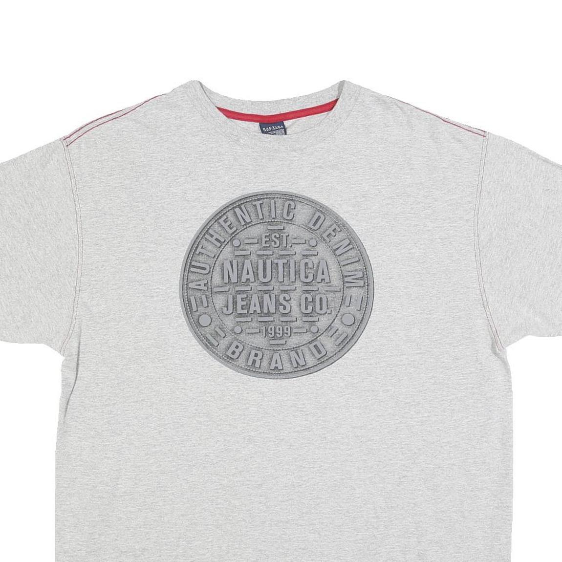 NAUTICA Mens Grey Authentic Denim Jeans Co Graphic T-Shirt L Short Sleeve Crew