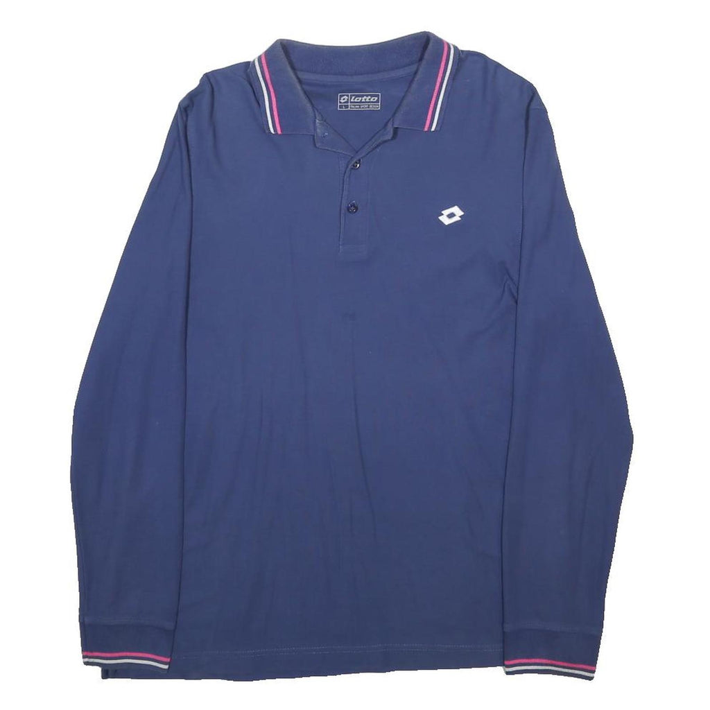LOTTO Mens Blue Long Sleeve Plain Polo Shirt L Cotton Blend Casual Sport