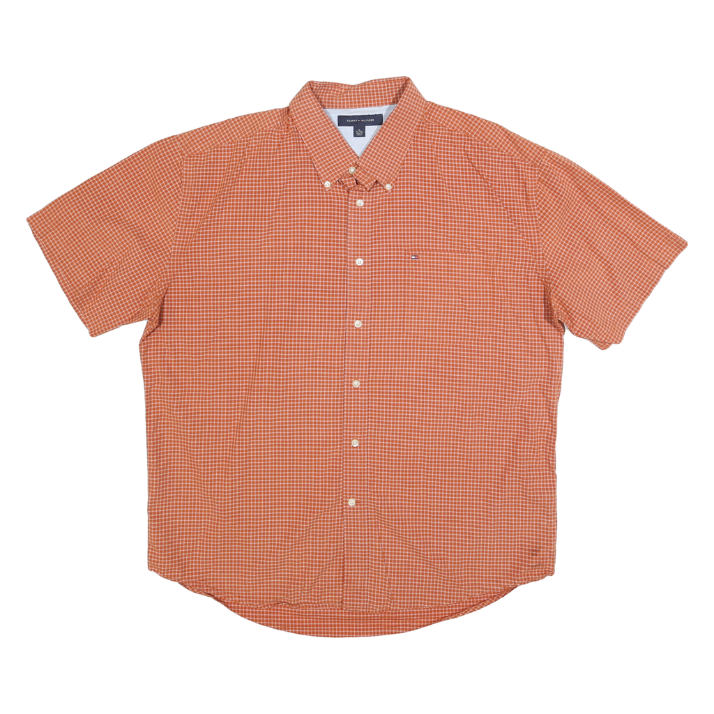 TOMMY HILFIGER Mens Orange Check Shirt XL Cotton Blend Casual Short Sleeve