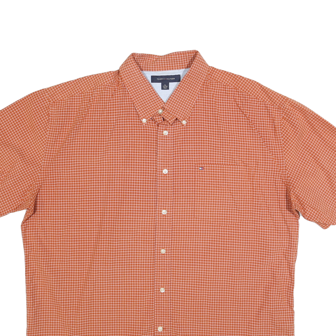 TOMMY HILFIGER Mens Orange Check Shirt XL Cotton Blend Casual Short Sleeve