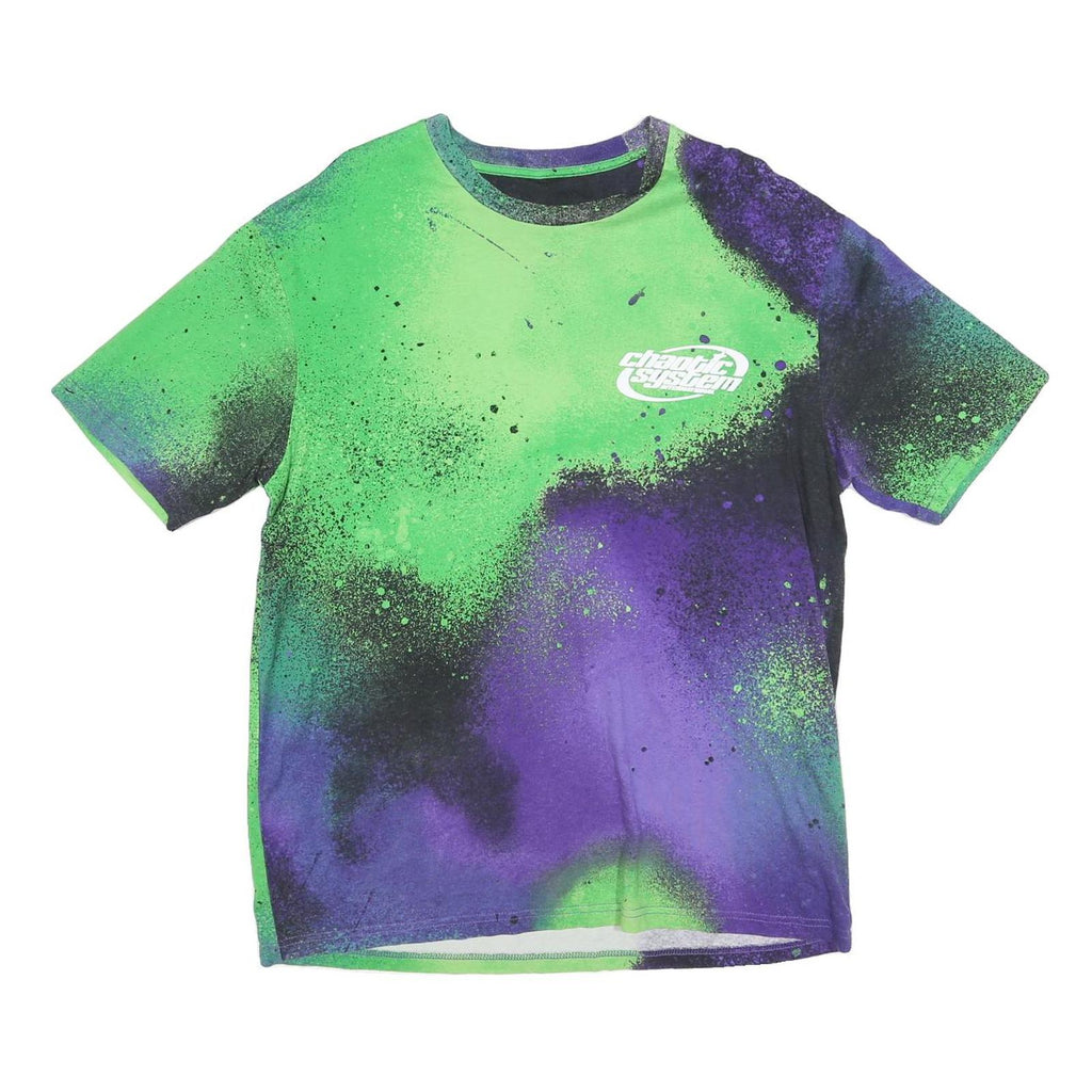 Mens Green & Purple Graphic T-Shirt L Short Sleeve Crew Neck Chaotic System