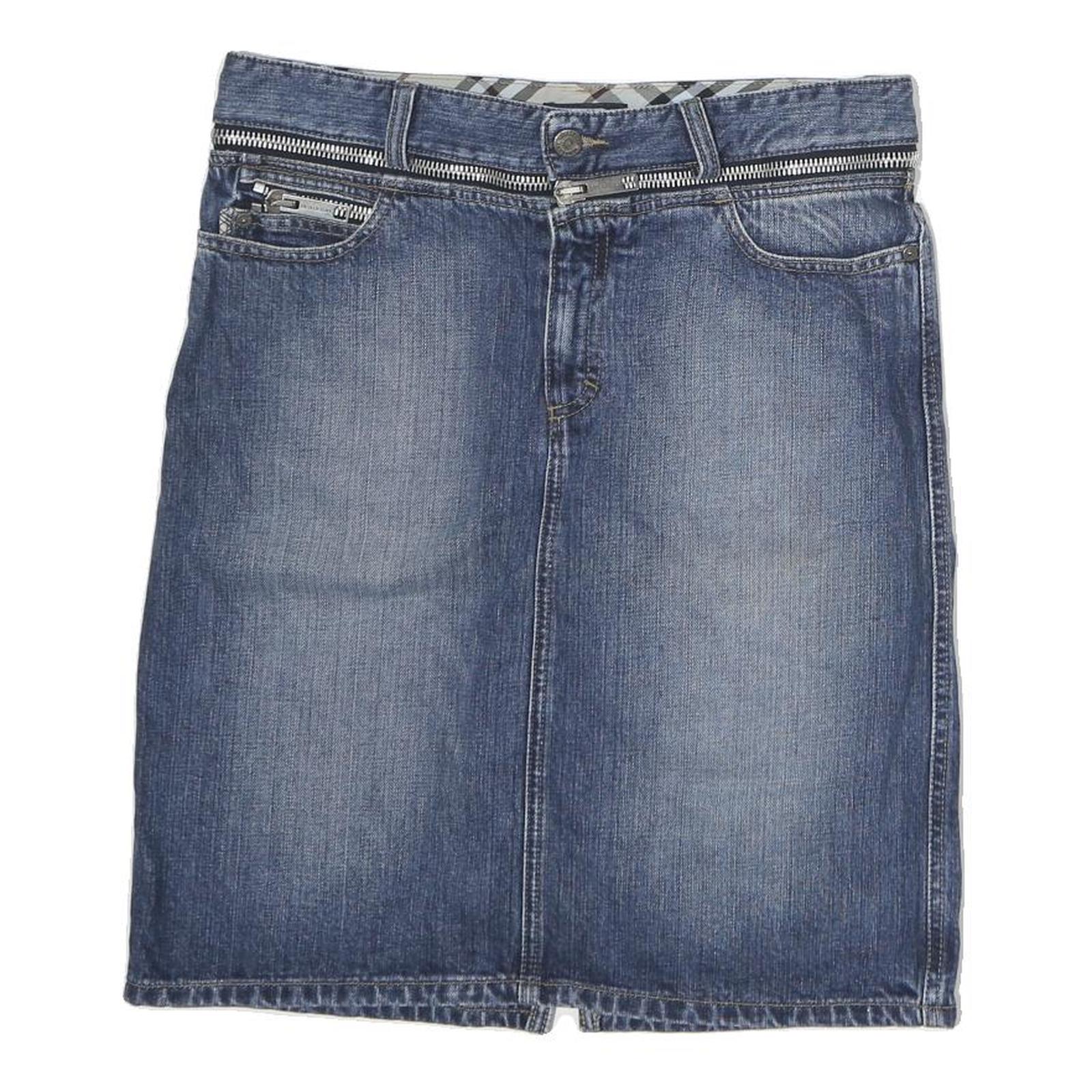 BURBERRY Womens Blue Denim Mini Cotton Skirt UK 8 Zip Pockets Casual