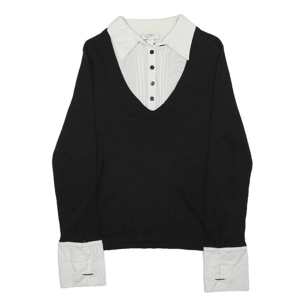 ANN TAYLOR LOFT Womens Black Knit Jumper V-Neck Wool Blend L Layered Style