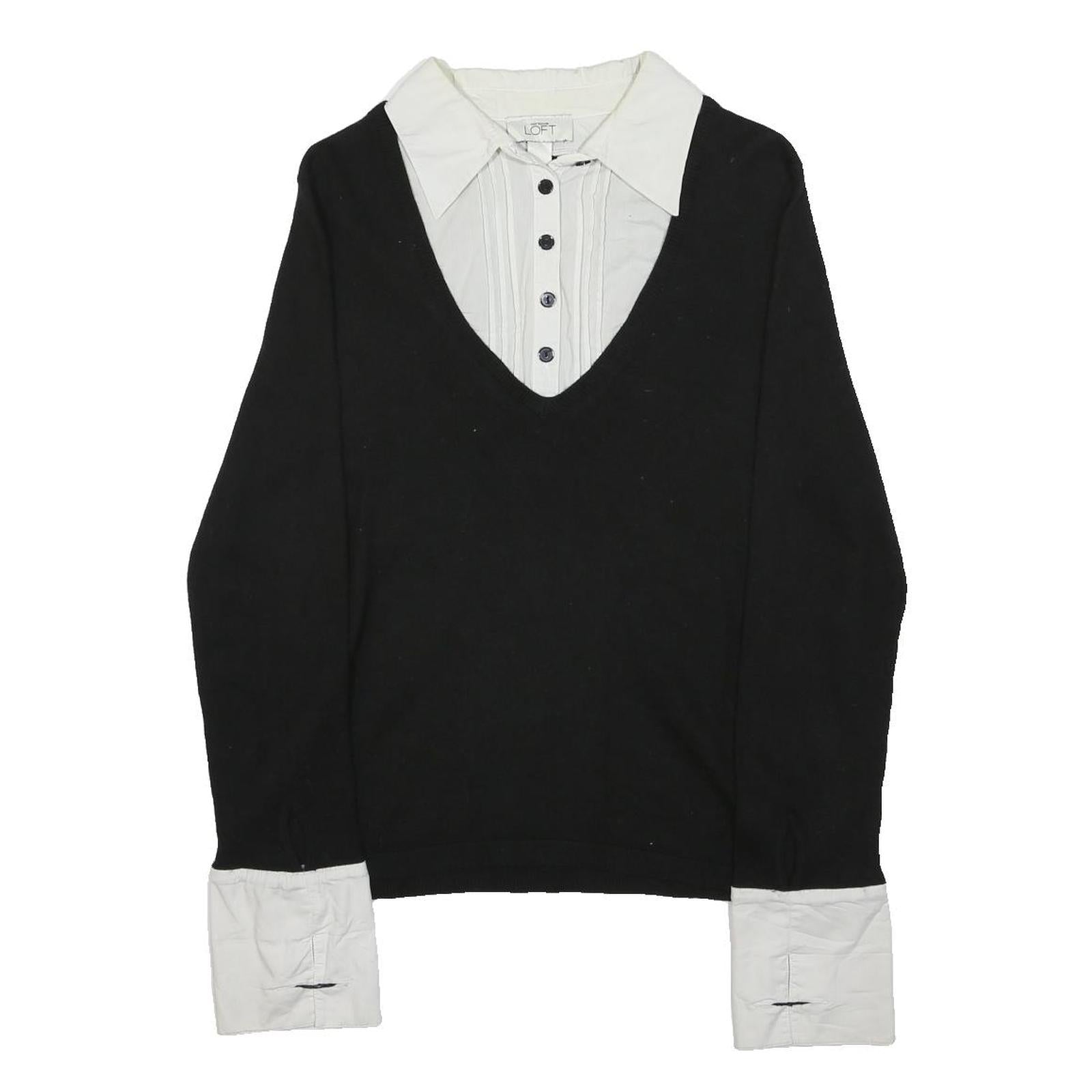 ANN TAYLOR LOFT Womens Black Knit Jumper V-Neck Wool Blend L Layered Style