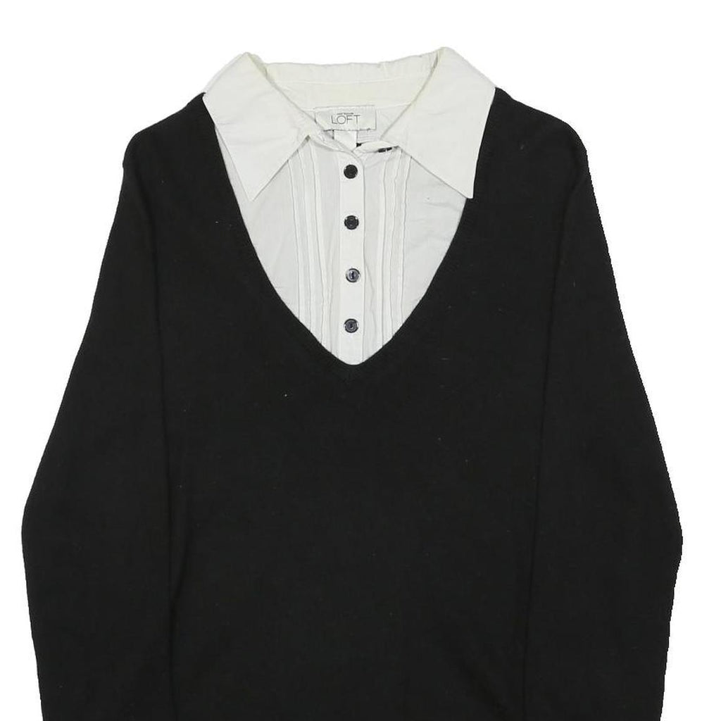 ANN TAYLOR LOFT Womens Black Knit Jumper V-Neck Wool Blend L Layered Style