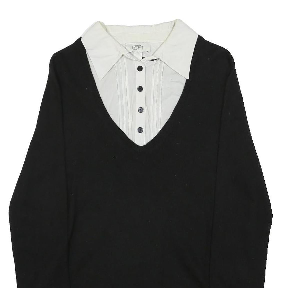 ANN TAYLOR LOFT Womens Black Knit Jumper V-Neck Wool Blend L Layered Style