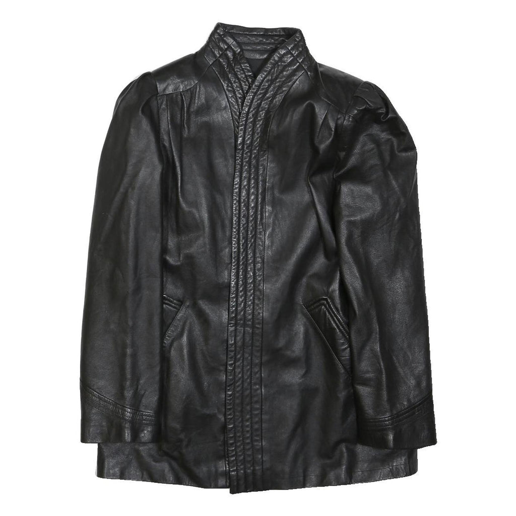 Womens Black Faux Leather Classic Jacket L Woven Plain Stylish Puff Sleeve