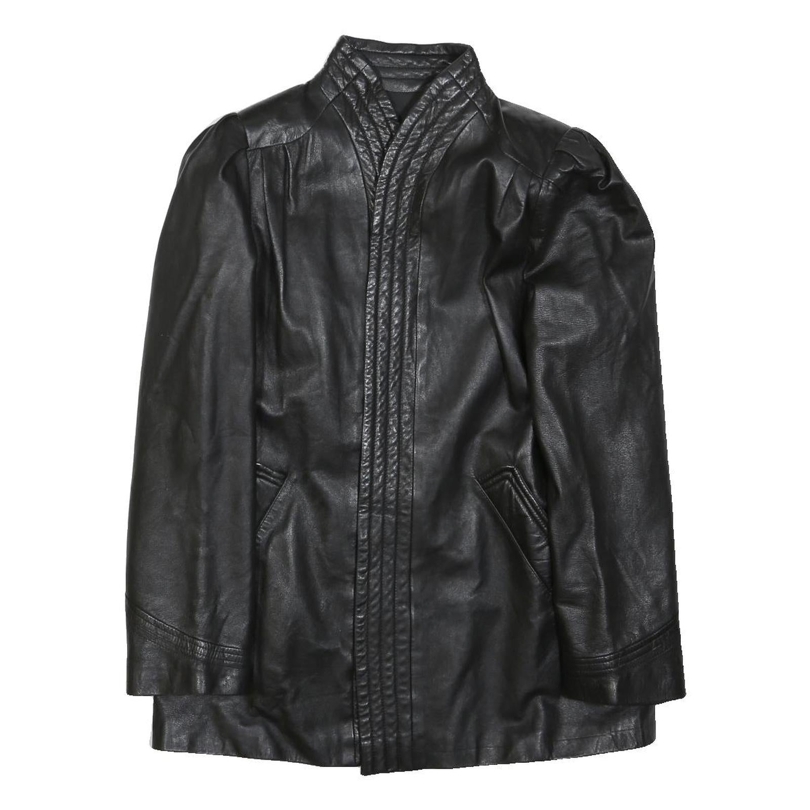 Womens Black Faux Leather Classic Jacket L Woven Plain Stylish Puff Sleeve