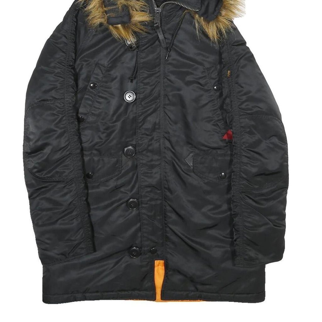 ALPHA INDUSTRIES Womens Black Nylon Flight Jacket XS Faux Fur Hood Zip