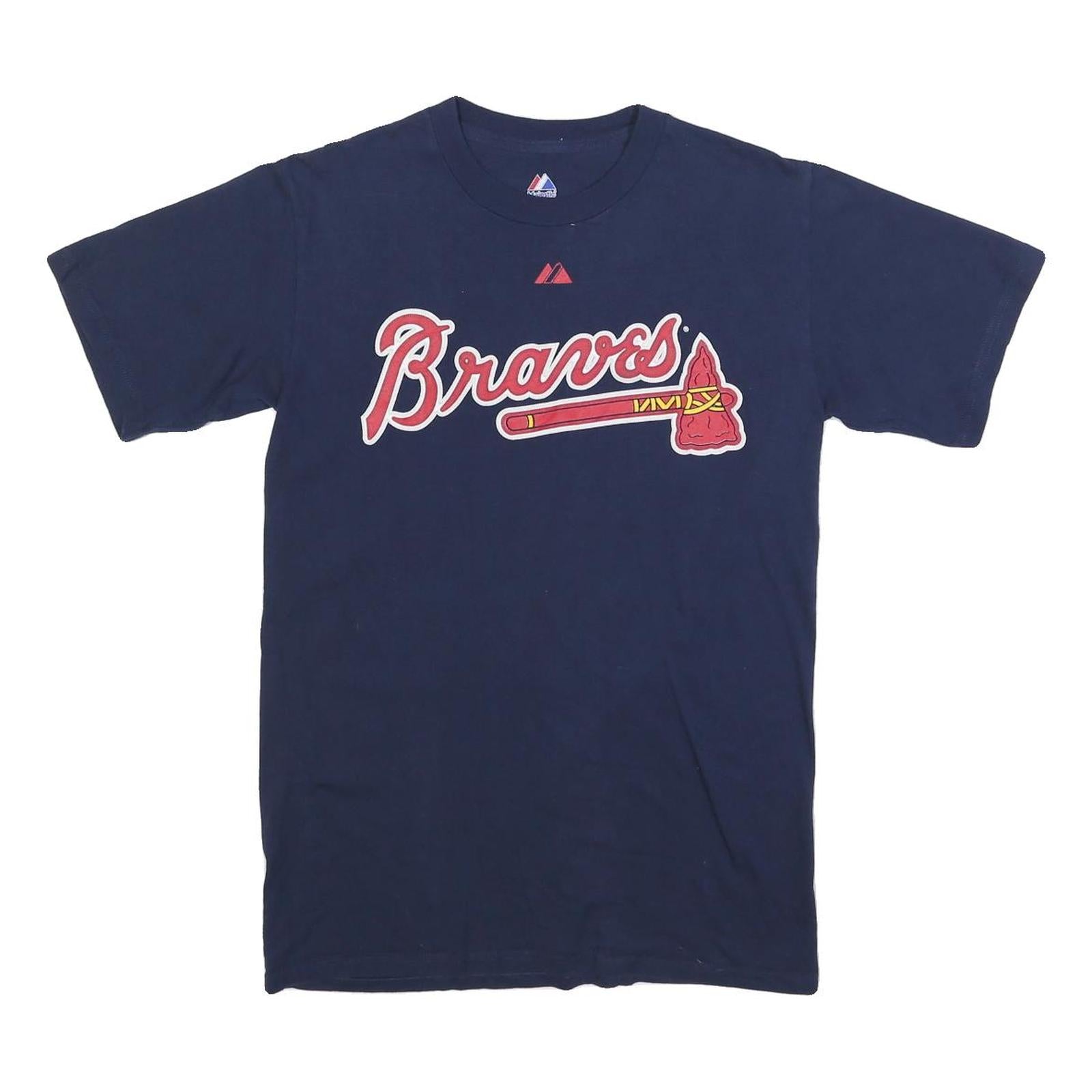 MAJESTIC Mens Navy Blue Braves Graphic T-Shirt S Short Sleeve Crew Neck