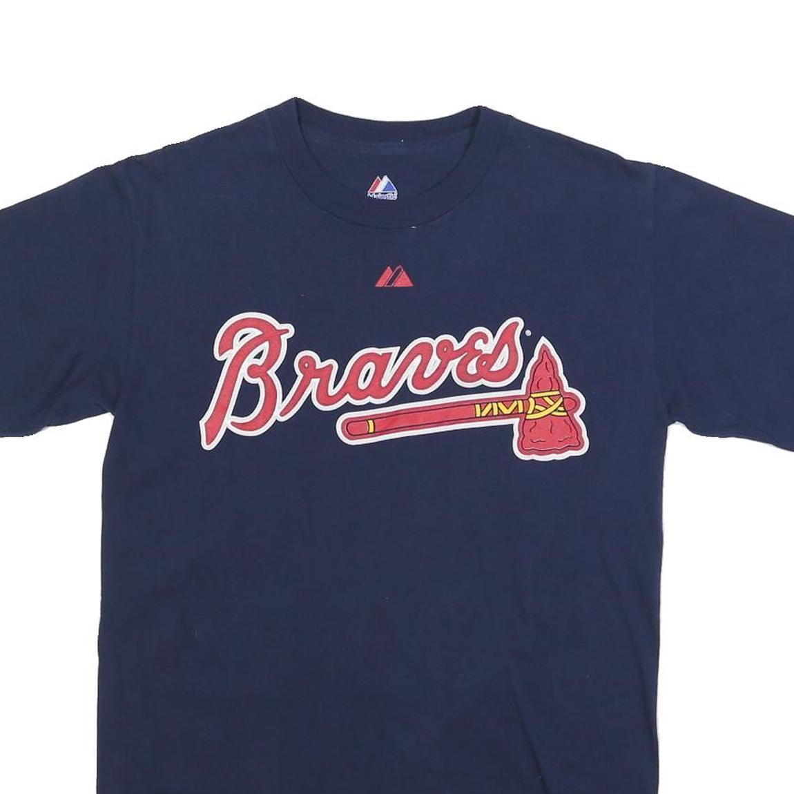 MAJESTIC Mens Navy Blue Braves Graphic T-Shirt S Short Sleeve Crew Neck