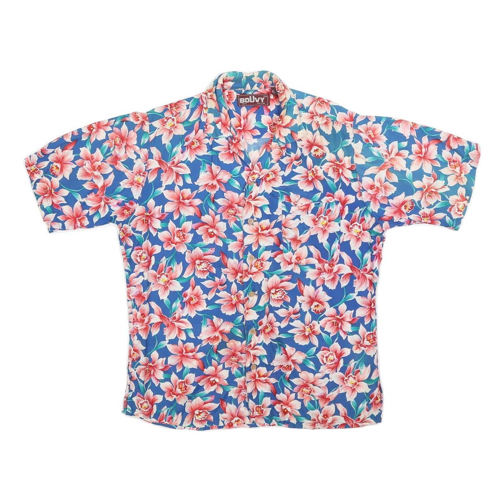 BOUVY Mens Blue & Pink Floral Rayon Shirt M Hawaiian Casual Summer Style