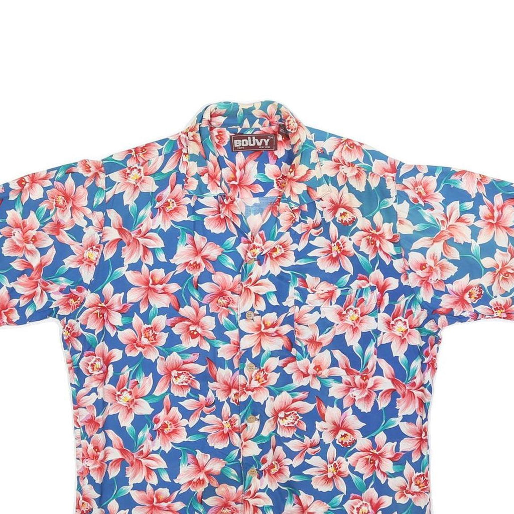 BOUVY Mens Blue & Pink Floral Rayon Shirt M Hawaiian Casual Summer Style