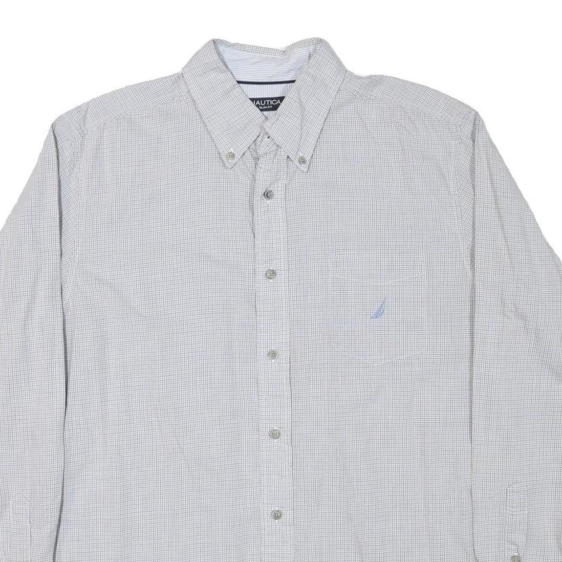 NAUTICA Mens White & Grey Check Casual Shirt L Cotton Blend Long Sleeve Button