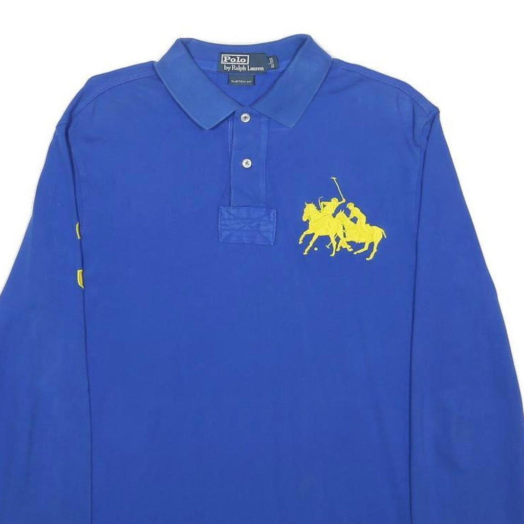 POLO RALPH LAUREN Mens Blue Yellow Long Sleeve Plain L Cotton Blend Polo Shirt