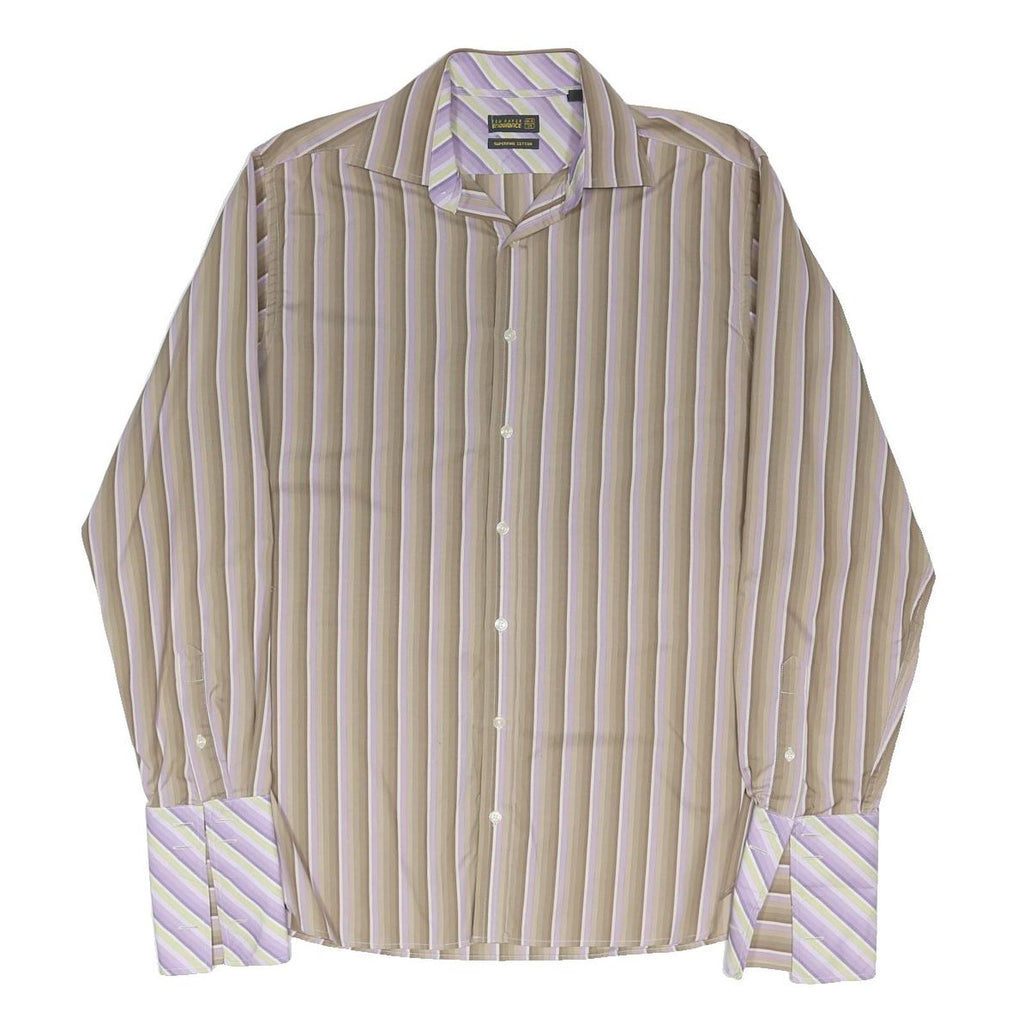 TED BAKER Mens Beige & Lilac Stripe Shirt L Cotton Blend Long Sleeve Formal