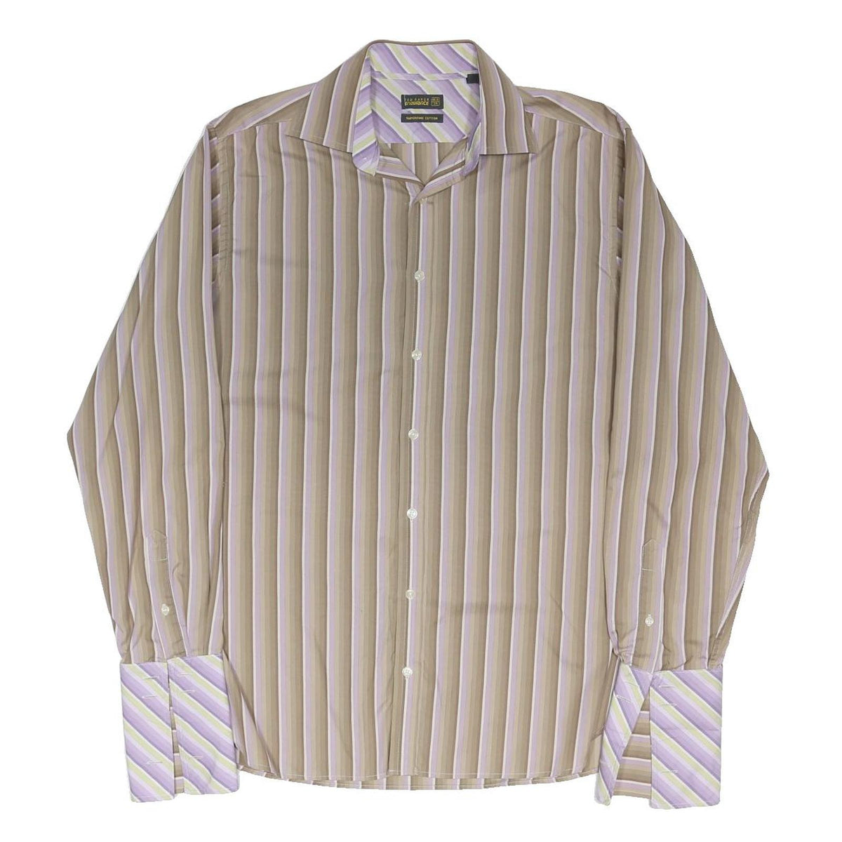 TED BAKER Mens Beige & Lilac Stripe Shirt L Cotton Blend Long Sleeve Formal