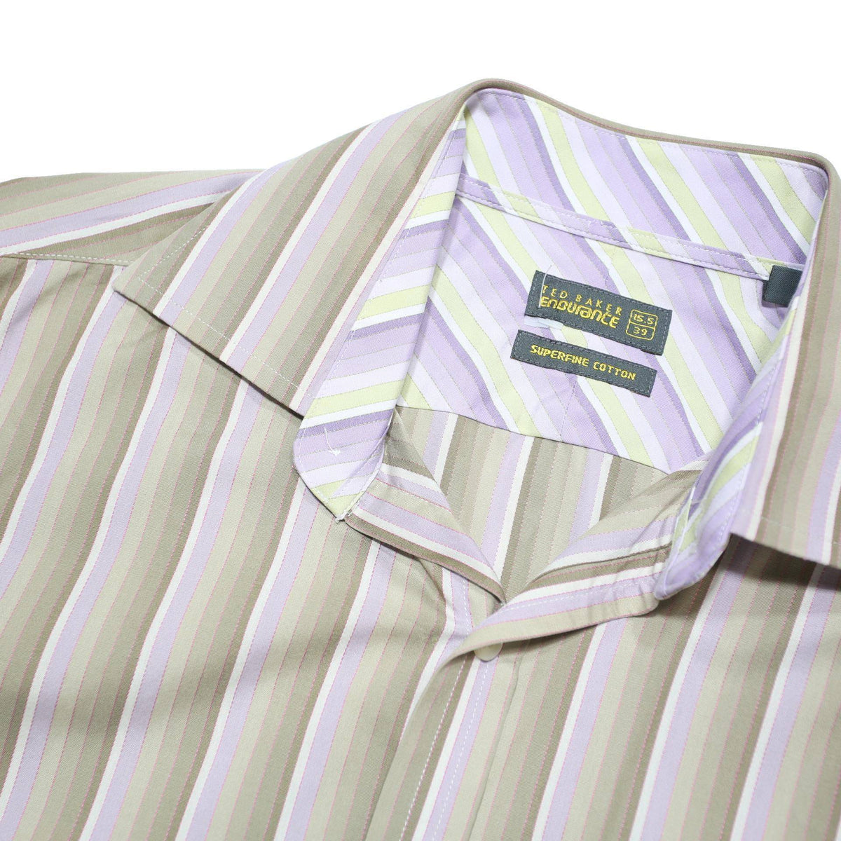 TED BAKER Mens Beige & Lilac Stripe Shirt L Cotton Blend Long Sleeve Formal