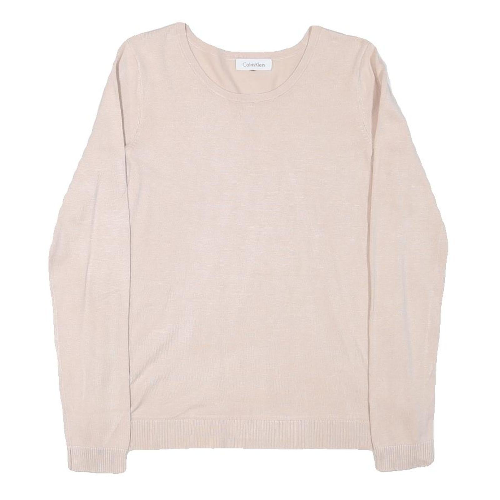 CALVIN KLEIN Womens Beige Plain Cotton Blend Jumper Crew Neck Basic Knit M