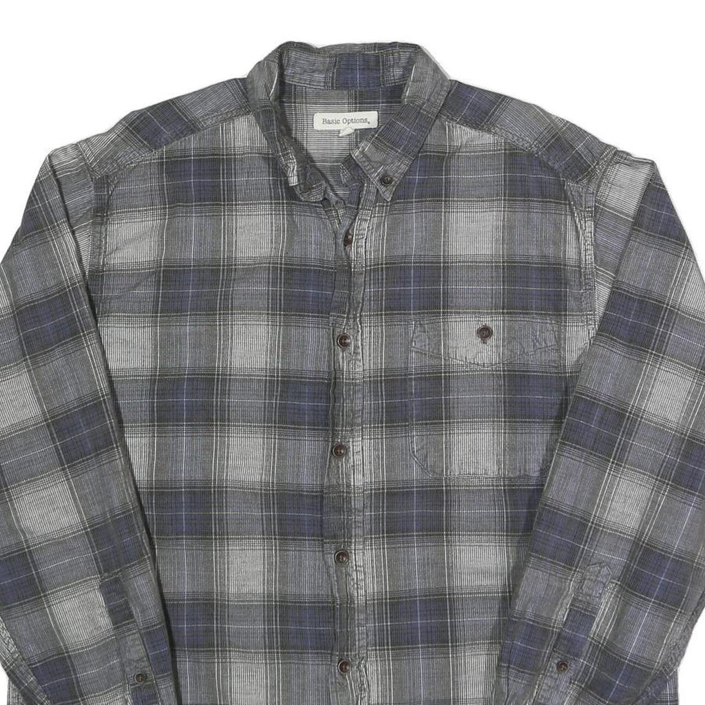 BASIC OPTIONS Mens Grey & Blue Check Shirt L Casual Cotton Long Sleeve Button