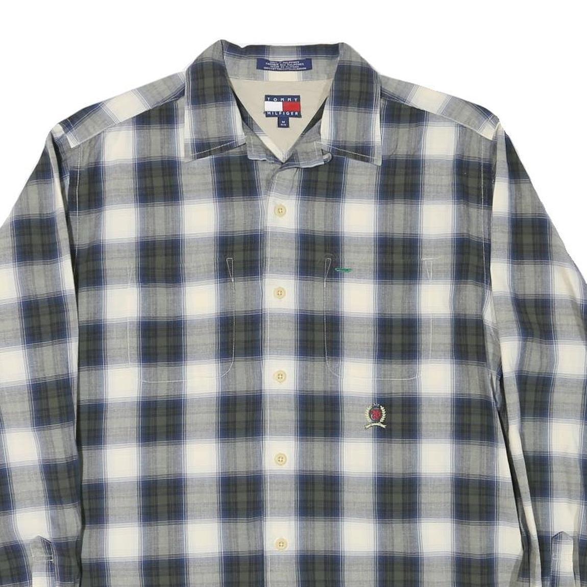 TOMMY HILFIGER Mens Blue & Green Check Shirt M Casual Cotton Blend Long Sleeve